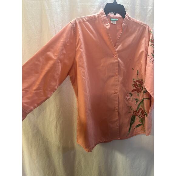 Sara Morgan Peach Hand-Painted Floral Button-Down – Size L - Picture 3 of 7